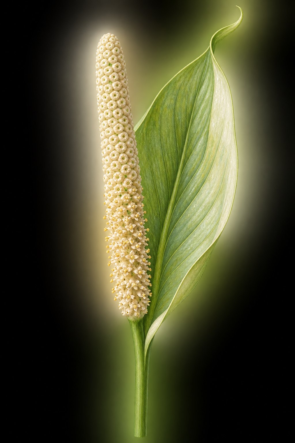 Botanical painting of a bisexual aroid inflorescence: a pale spike evenly covered in tiny flowers, standing in front of a single green leaf-like hood