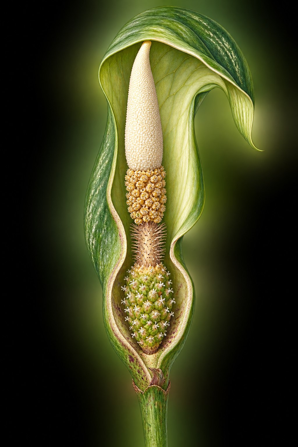 Botanical painting of a unisexual aroid inflorescence, the hood cut away to show the spike: a smooth tip, a band of male flowers, then female flowers low down inside the hood