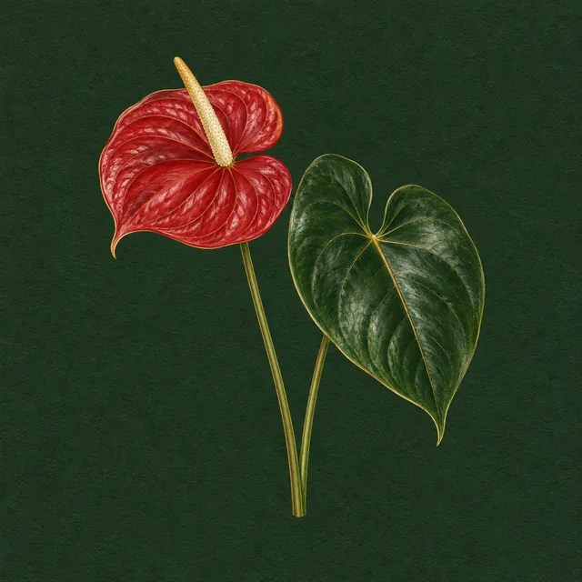 Botanical drawing of a flamingo flower with a red heart-shaped spathe
