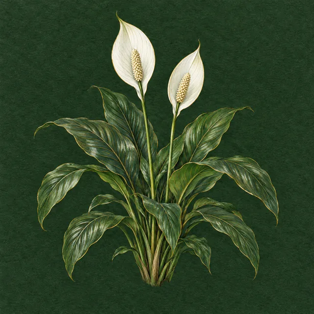Botanical drawing of a peace lily with two white spathes above its leaves