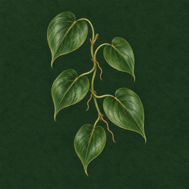 Botanical drawing of a trailing stem with glossy heart-shaped leaves