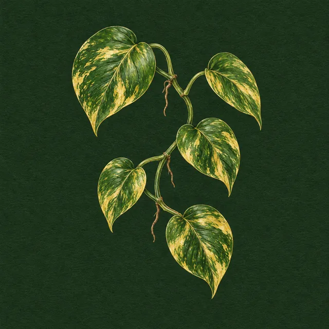 Botanical drawing of a vine with heart-shaped leaves streaked with gold