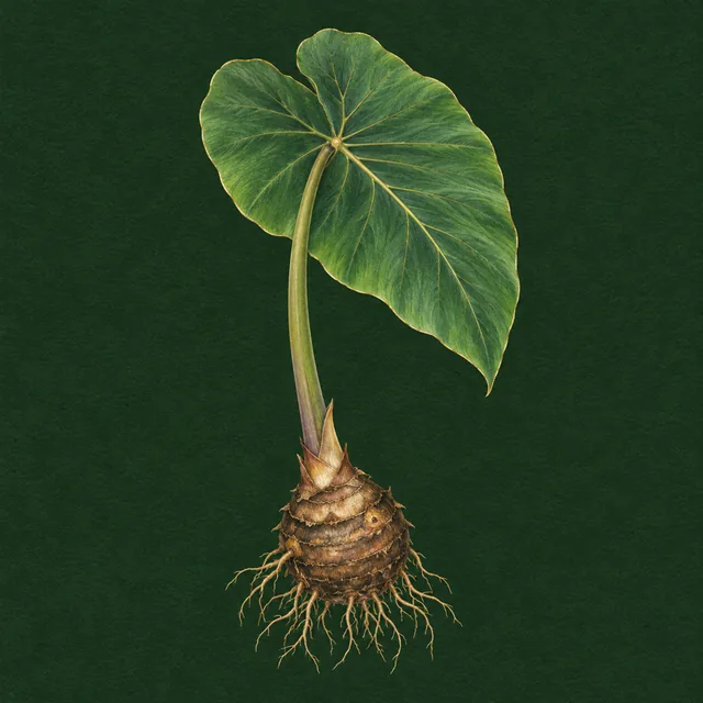 Botanical drawing of a taro leaf with its corm