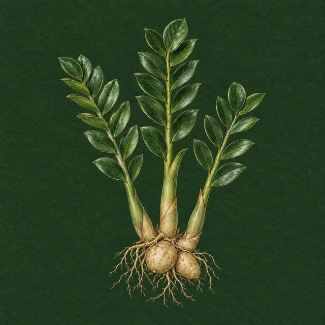 Botanical drawing of a ZZ plant with its potato-like rhizome