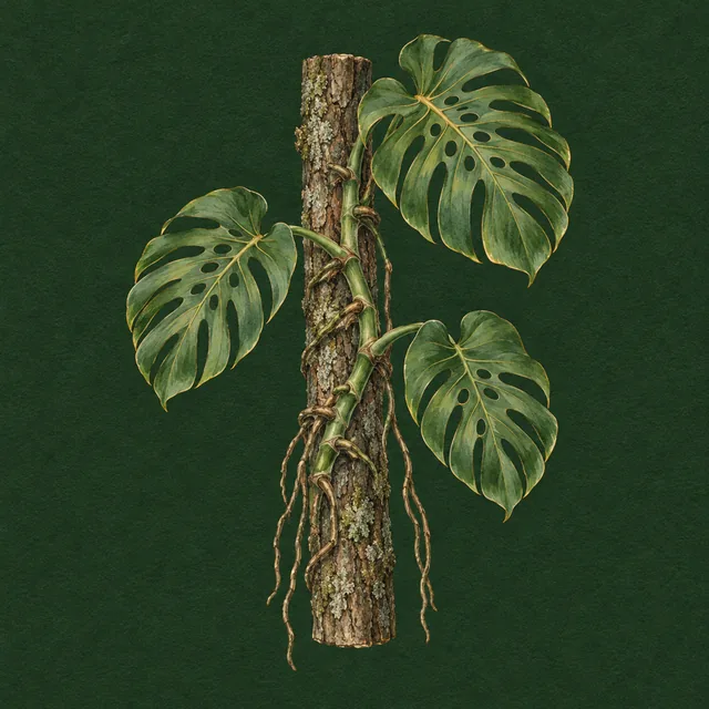 Botanical drawing of a Monstera stem climbing a section of tree trunk with aerial roots