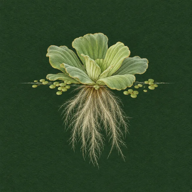 Botanical drawing of a floating water lettuce rosette with hanging roots, and tiny duckweed fronds