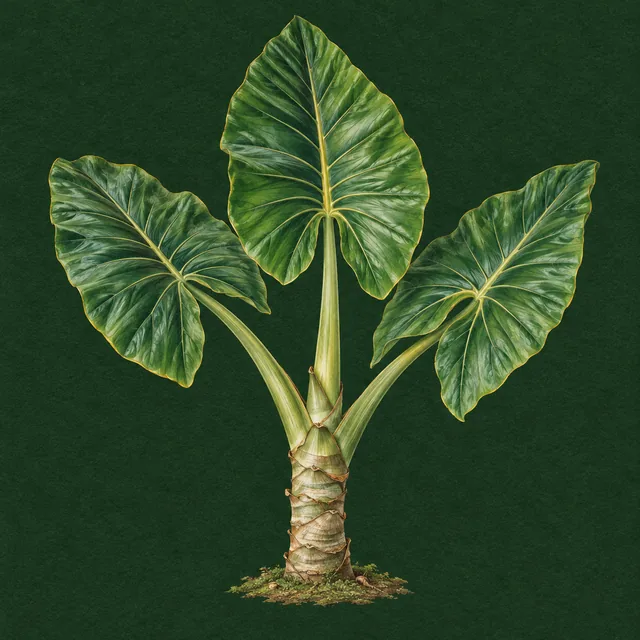 Botanical drawing of a giant elephant ear with a thick trunk-like stem and huge arrowhead leaves