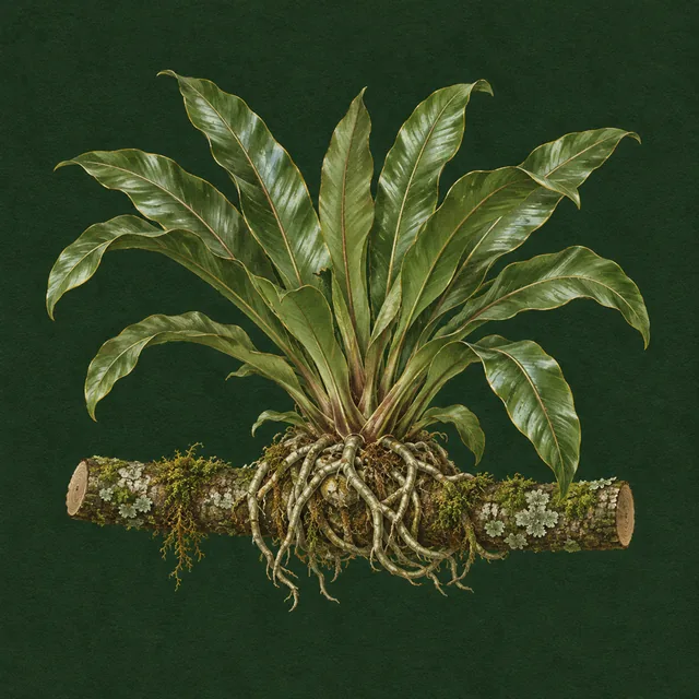 Botanical drawing of a bird's-nest Anthurium perched on a mossy branch, its roots wrapped around it