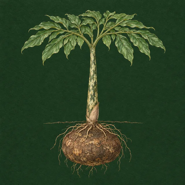 Botanical drawing of a tuber below the soil line sending up a single tall, mottled leaf stalk