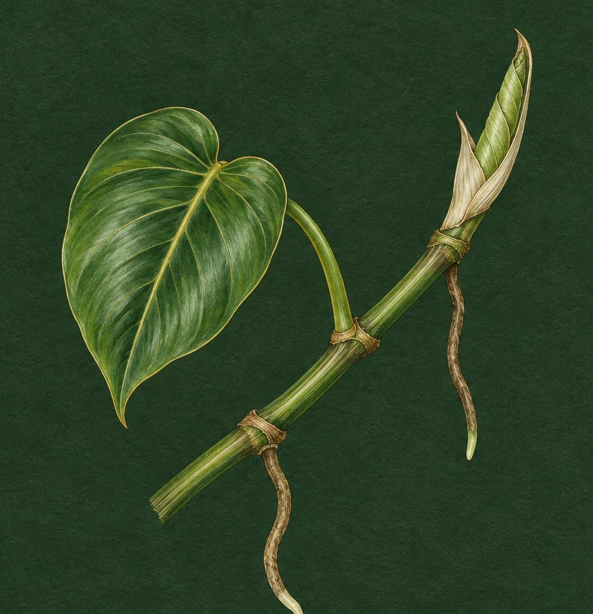 Botanical drawing of a climbing stem with one heart-shaped leaf, a new leaf unrolling from a papery sheath at the tip, and two aerial roots