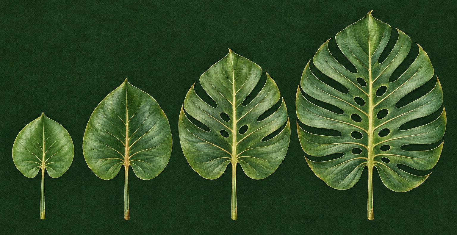 Four Monstera leaves in a row, from a small whole seedling leaf to a large adult leaf that is deeply split and full of holes