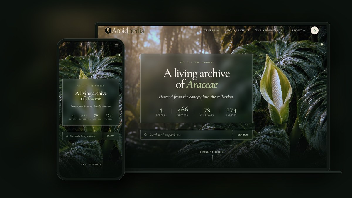 The new Aroidpedia home page on a laptop and a phone
