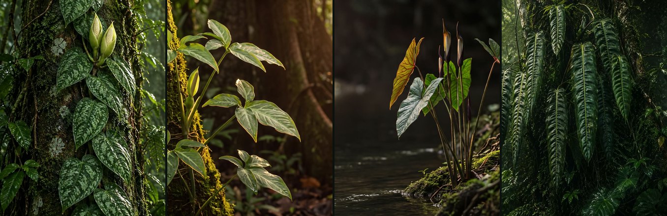The four new genera in their habitats: Scindapsus on a mossy trunk, Syngonium in forest light, Cyrtosperma at a stream's edge, Philodendron in a wet forest