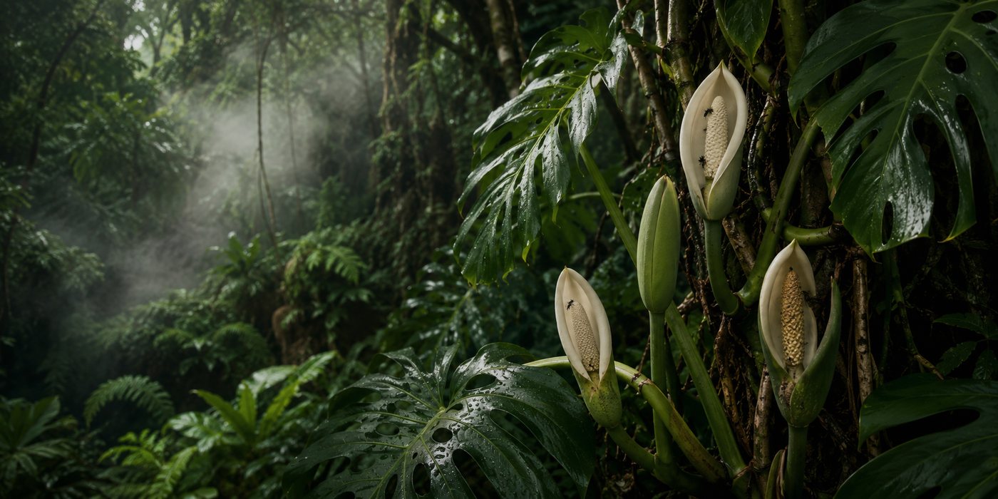 Monstera inflorescences on a wet trunk in misting rainforest — the hero of the Aroid Reproduction hub