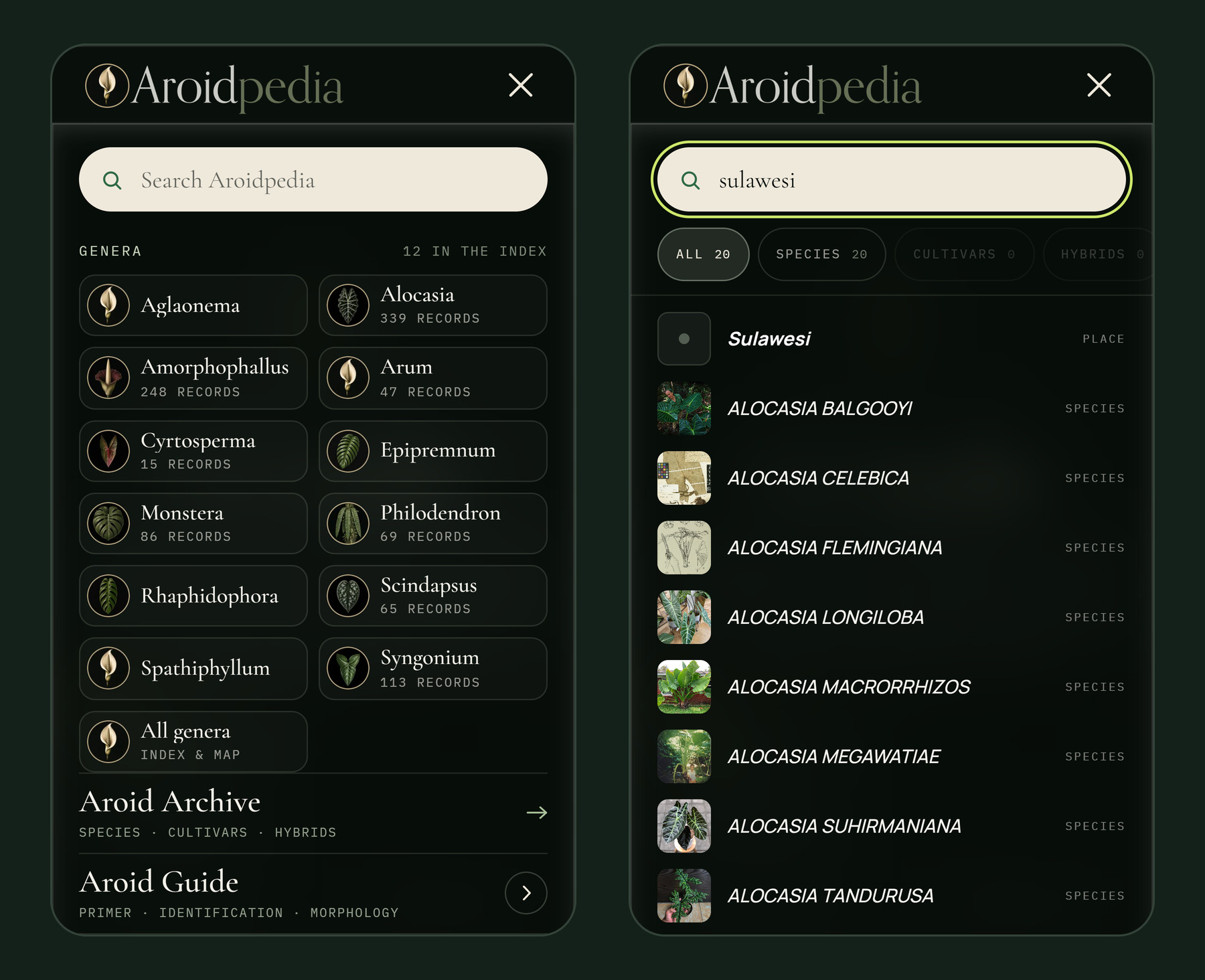 Two phone screens: the menu’s field index of genera, each with its count of records, and the menu’s search results for “sulawesi”
