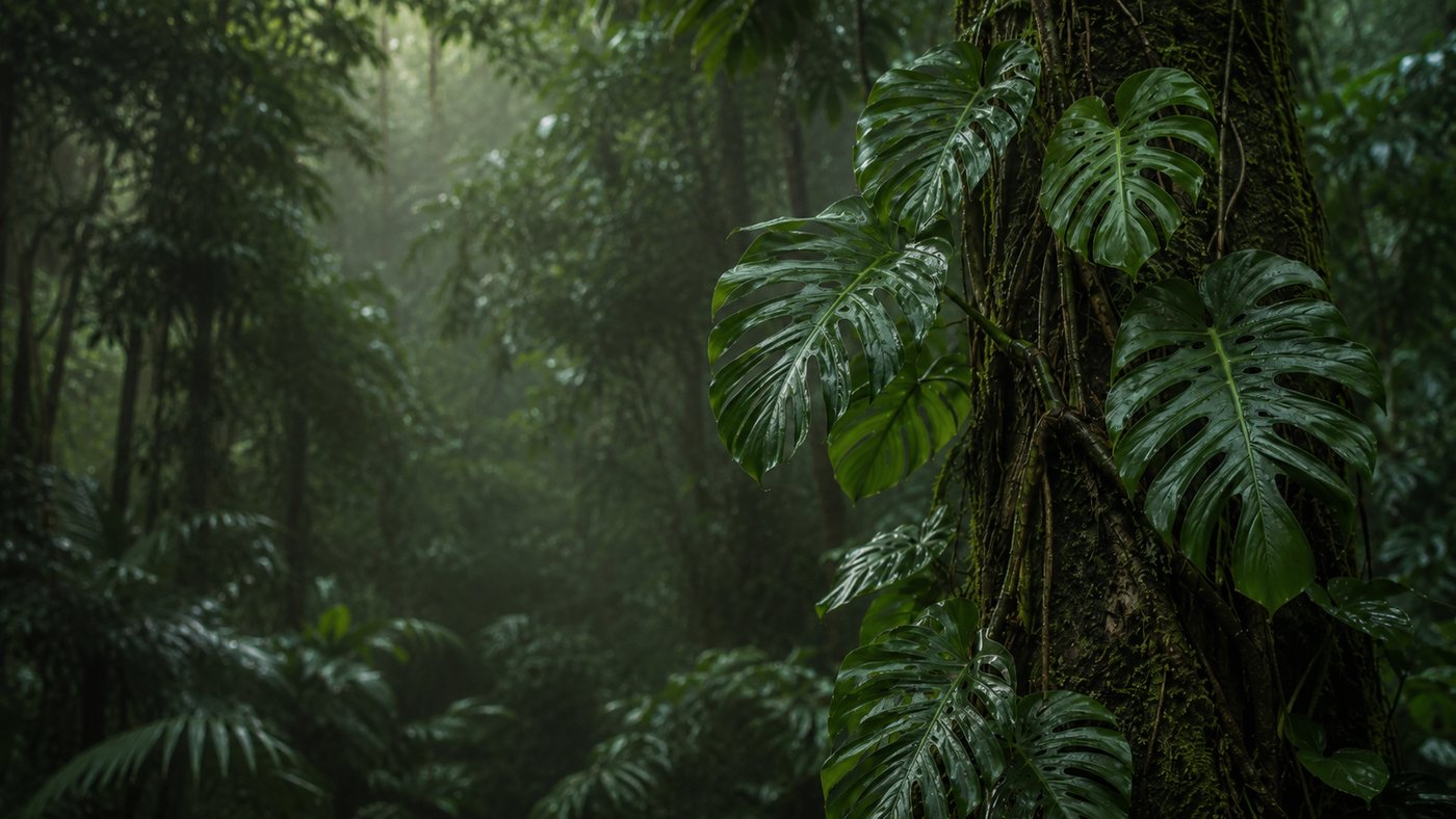 Monstera climbing a mossy trunk in misting rainforest