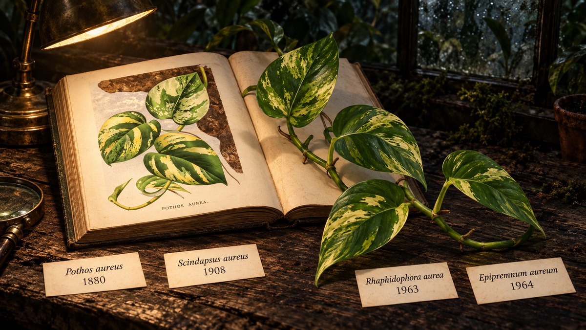The 1880 color plate of Pothos aurea in an open book beside a cutting of the golden vine, with four name cards: Pothos aureus 1880, Scindapsus aureus 1908, Rhaphidophora aurea 1963 and Epipremnum aureum 1964
