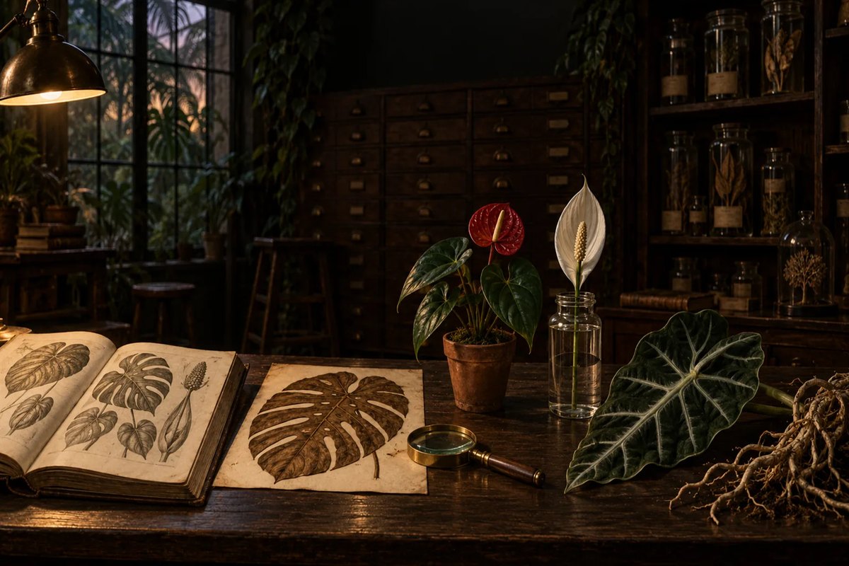 A herbarium classroom: pressed aroid specimens and botanical plates on a long table